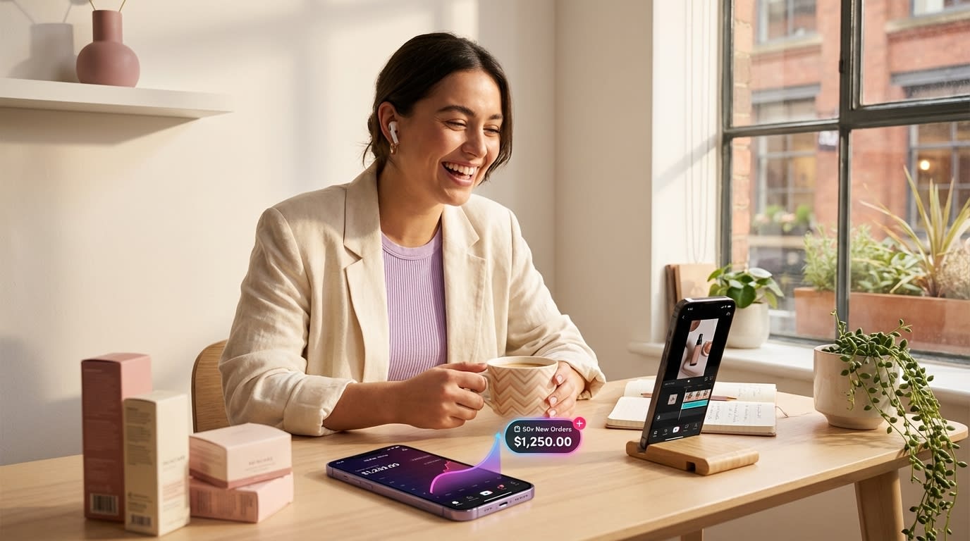 Creator editing TikTok Shop content at stylish workspace while seller dashboard shows new orders flowing in