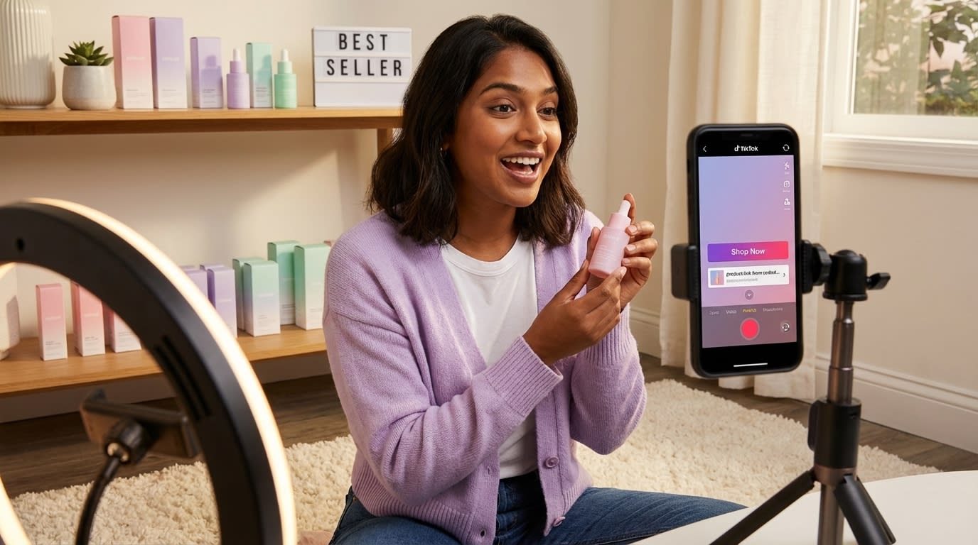 Creator enthusiastically filming TikTok Shop Video Shopping Ad with ring light setup and product display