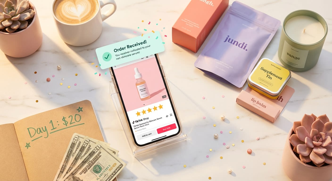 Flat lay of TikTok Shop product listing on smartphone with small budget supplies and colorful packaging ready to ship