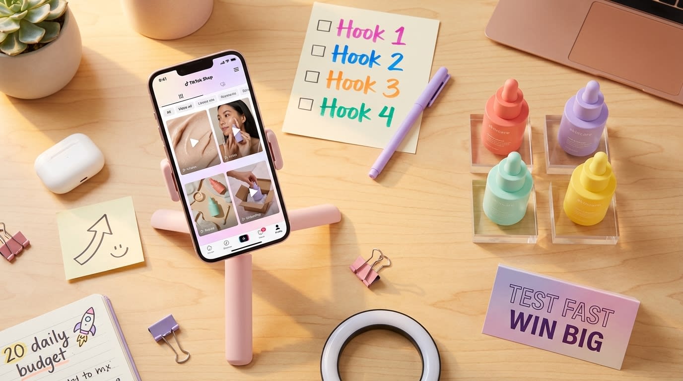 Flat lay showing four TikTok Shop ad creative variations with products and testing checklist for small budget campaigns