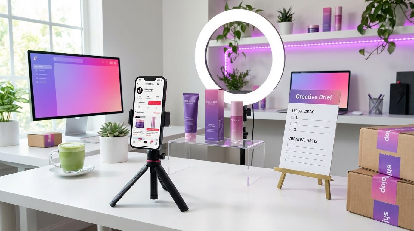 Professional TikTok Shop content creation setup with ring light phone tripod and product display ready for Video Shopping Ads