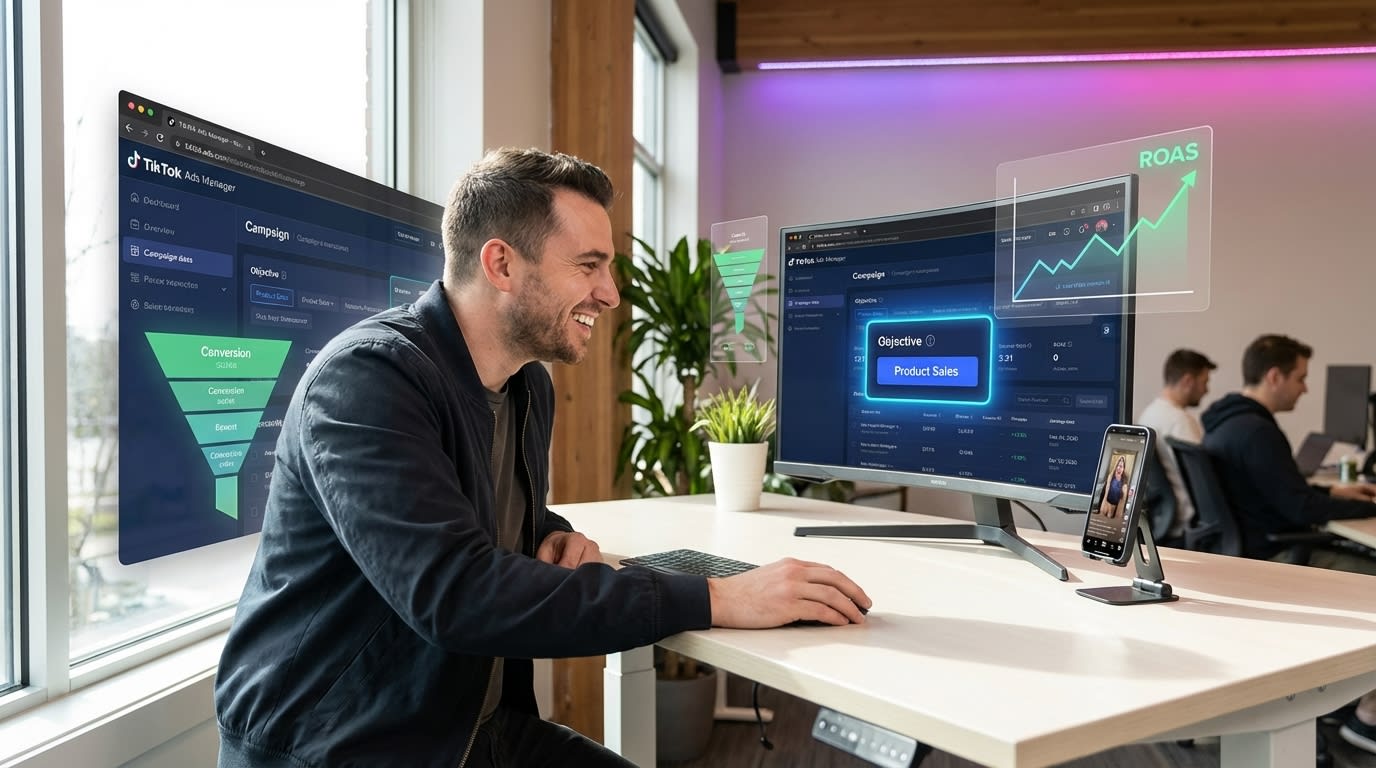TikTok Ads Manager showing Product Sales campaign objective selection with Video Shopping Ads for small budget sellers