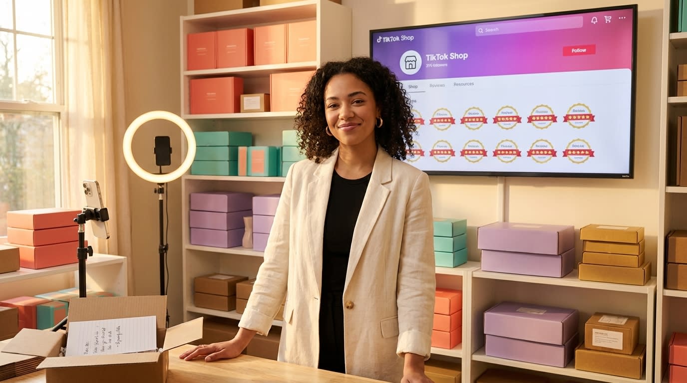 Proud TikTok Shop entrepreneur standing in front of thriving business with five-star reviews and organized inventory