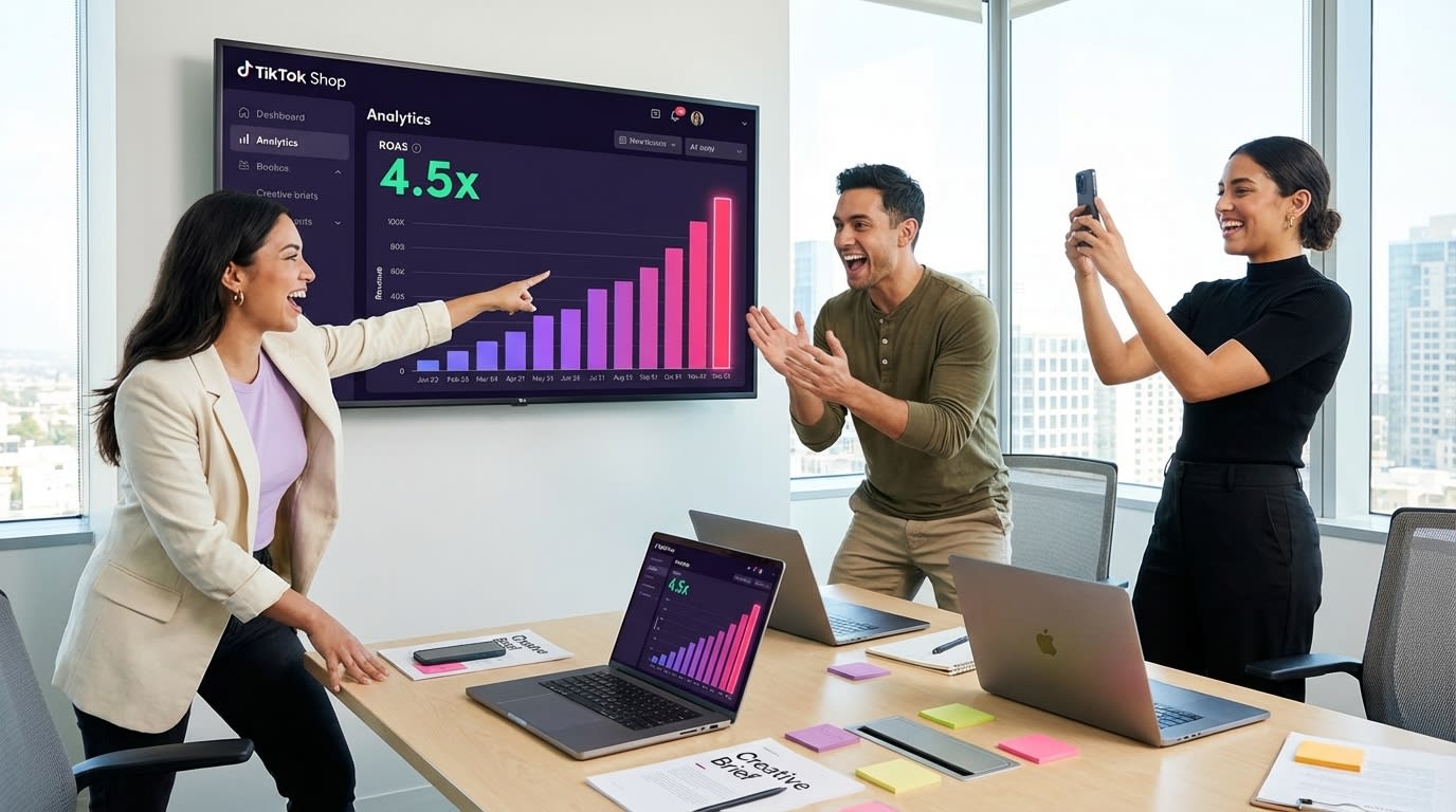 Team celebrating 4.5x ROAS results on TikTok Shop ads dashboard in modern agency office