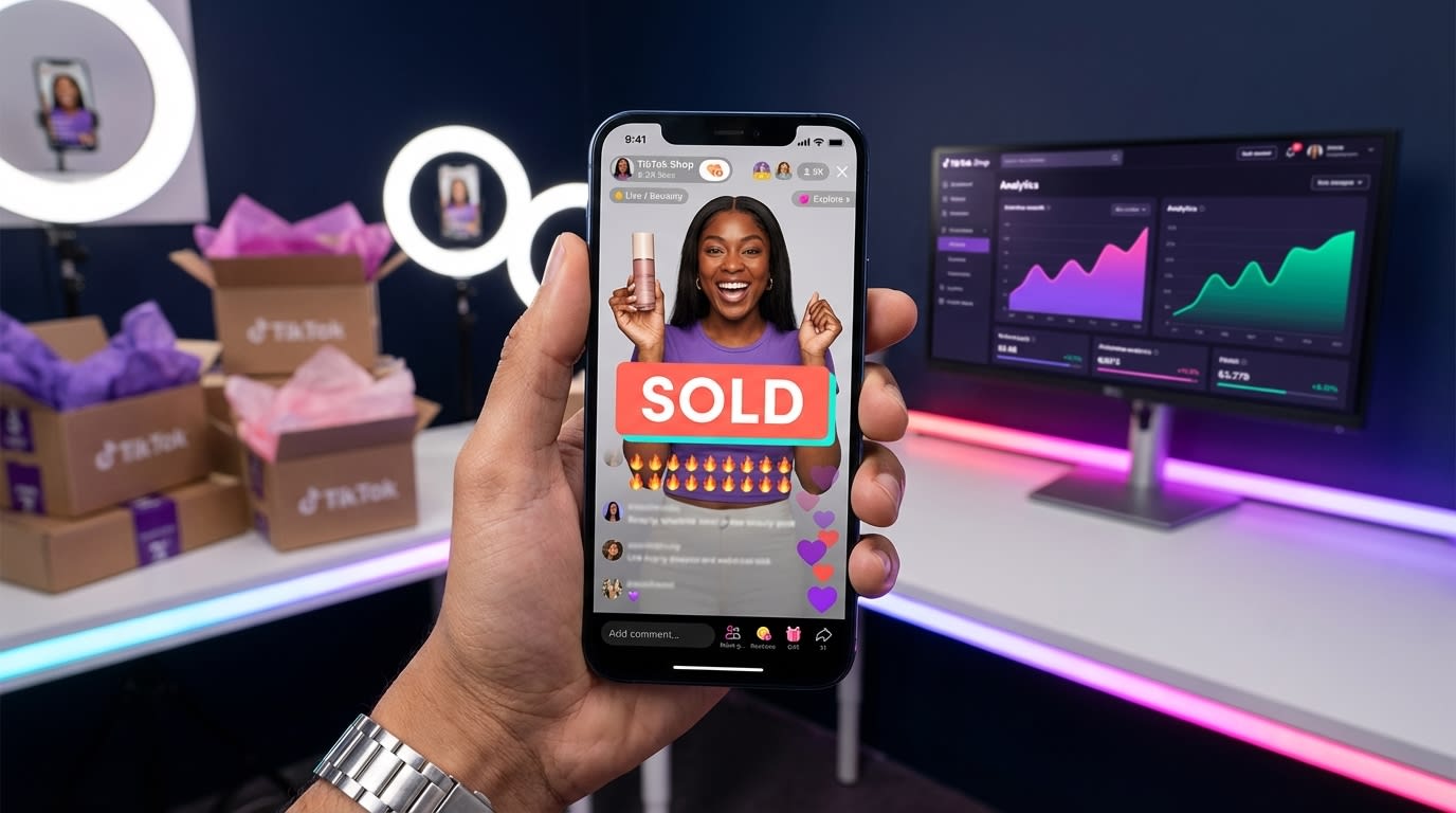 TikTok Shop live stream showing product sold overlay with excited chat reactions and heart emojis