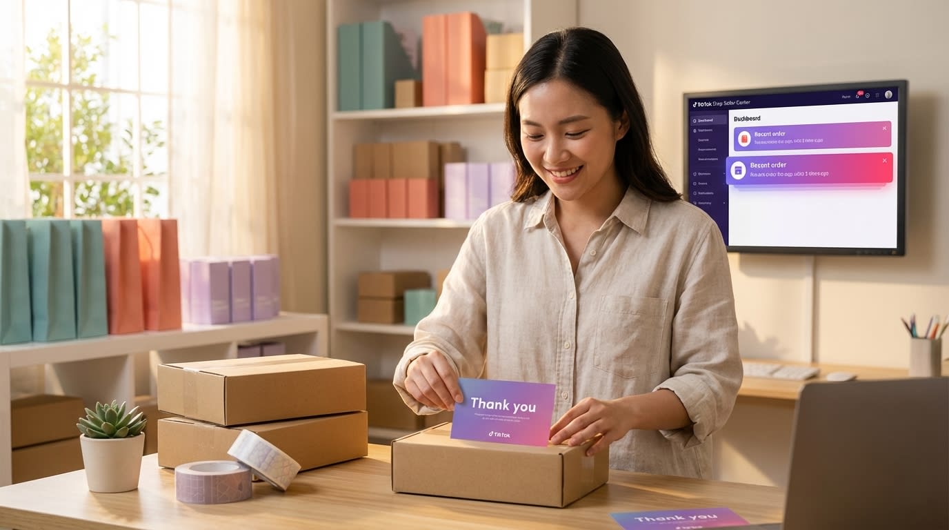 TikTok Shop seller joyfully packing orders at fulfillment station with real-time sales notifications on screen