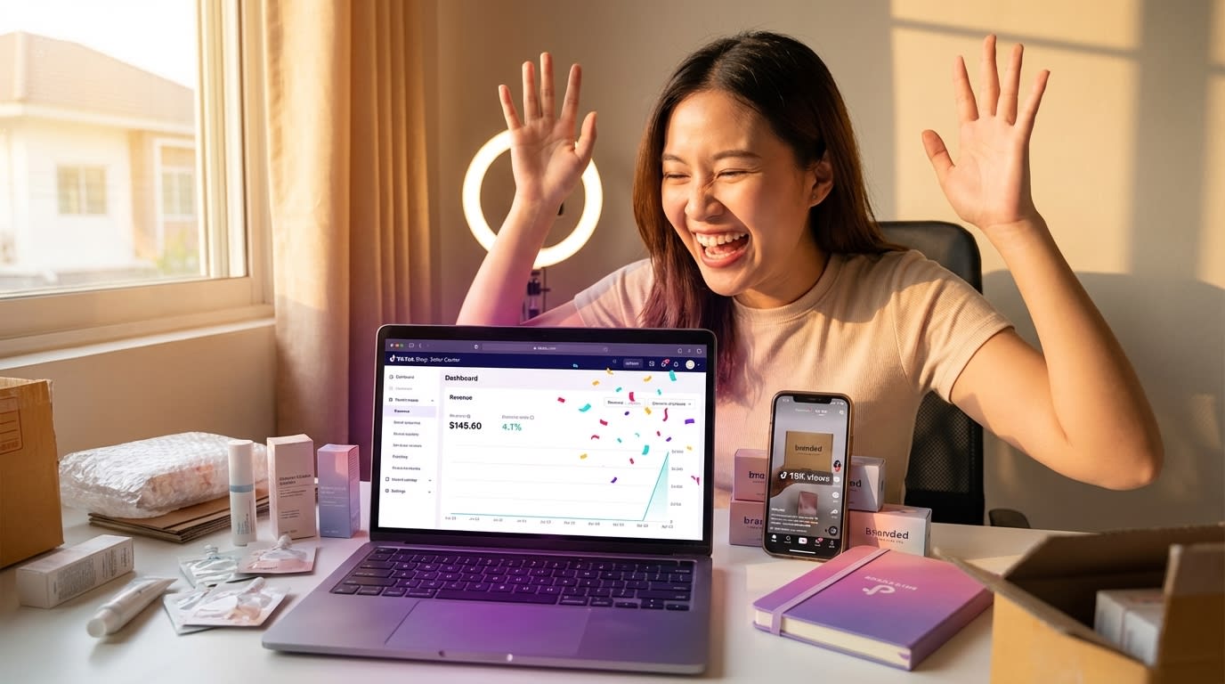 TikTok Shop seller celebrating $1000 sales day with viral product video and revenue notification on screen