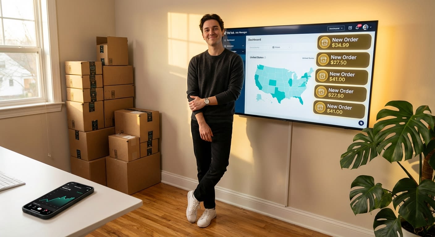 TikTok Shop seller standing confidently before large screen showing broad targeting strategy and incoming sales notifications