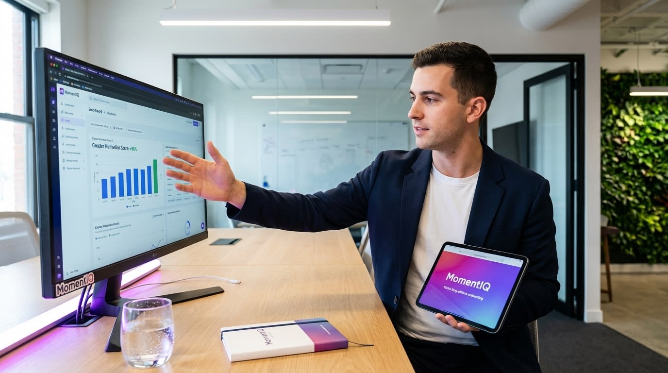 Brand strategist reviewing TikTok Shop analytics dashboard showing 90% creator motivation increase with tiered rates.