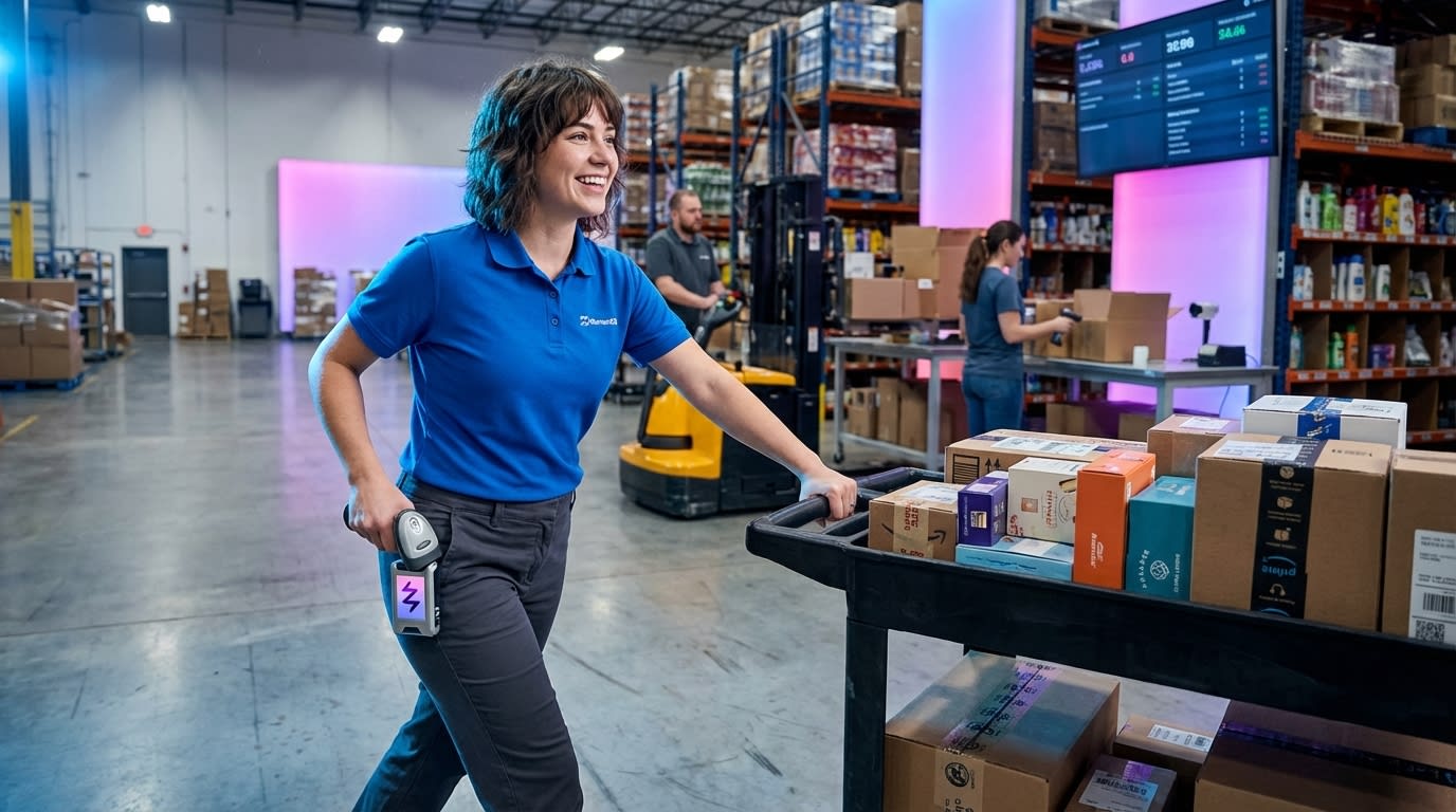 Cheerful warehouse worker pushing a cart full of brightly packaged TikTok Shop orders ready for shipment.