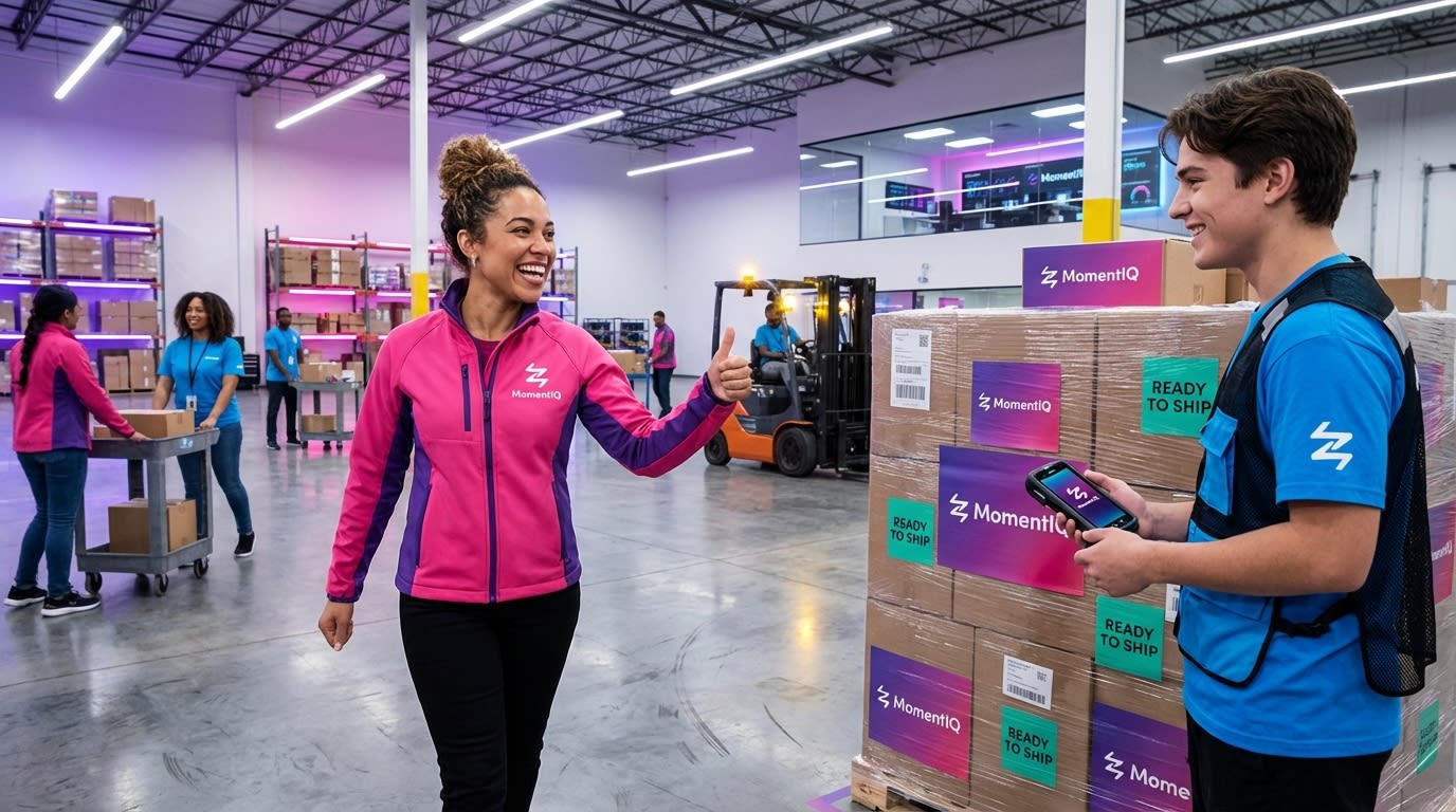 Cheerful warehouse manager giving a thumbs-up for a successfully packed pallet of TikTok Shop orders.