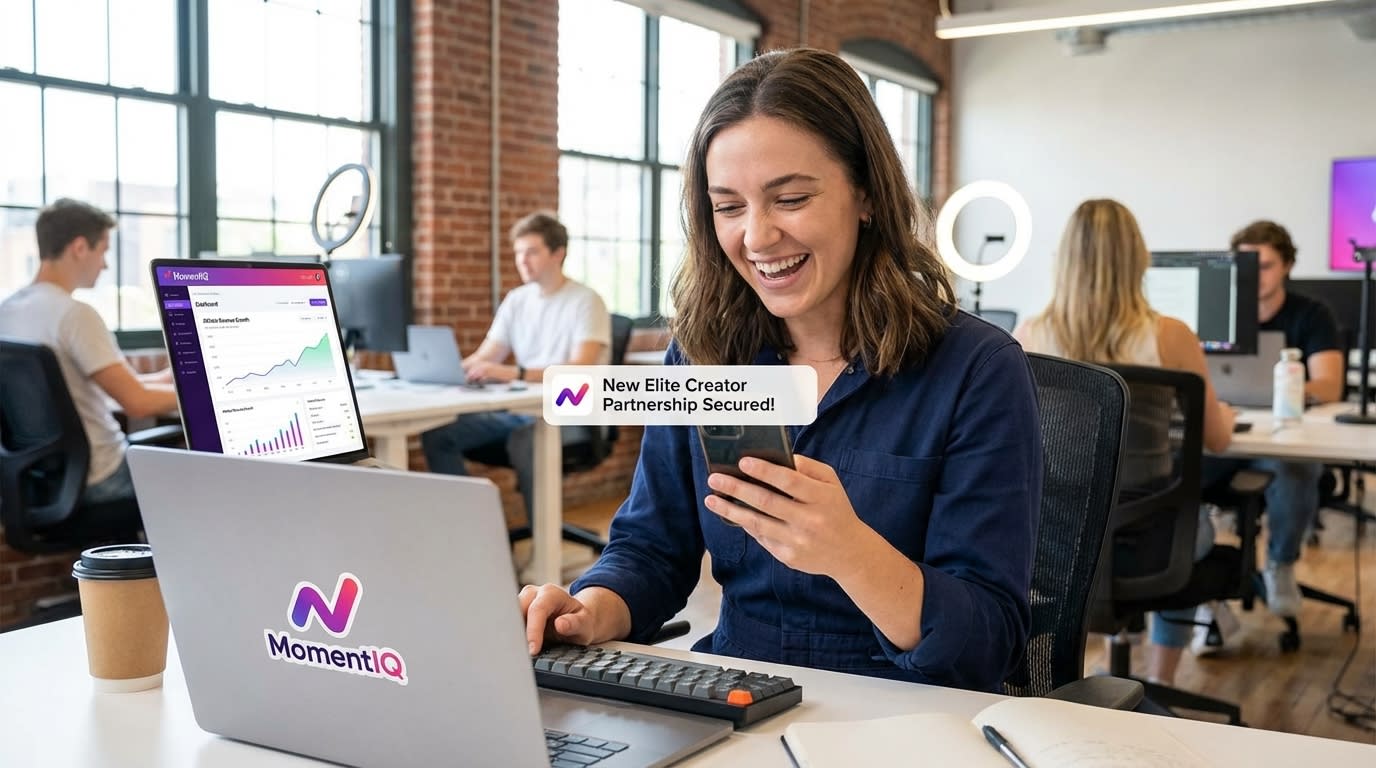 Confident TikTok Shop brand owner celebrating a new elite creator partnership notification on her phone.