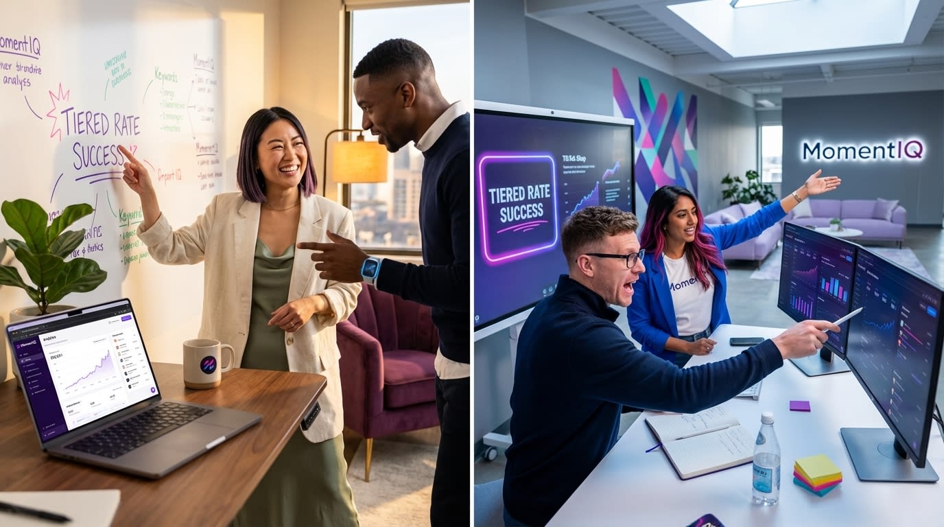 Dedicated team enthusiastically discussing TikTok Shop growth hacks and tiered rate success on a whiteboard.