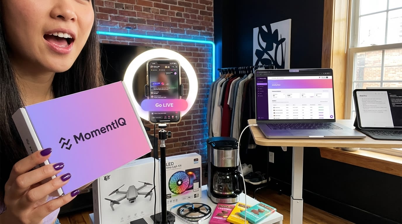 Creator studio setup with phone on tripod, softbox light, and exciting new products for TikTok Shop content.