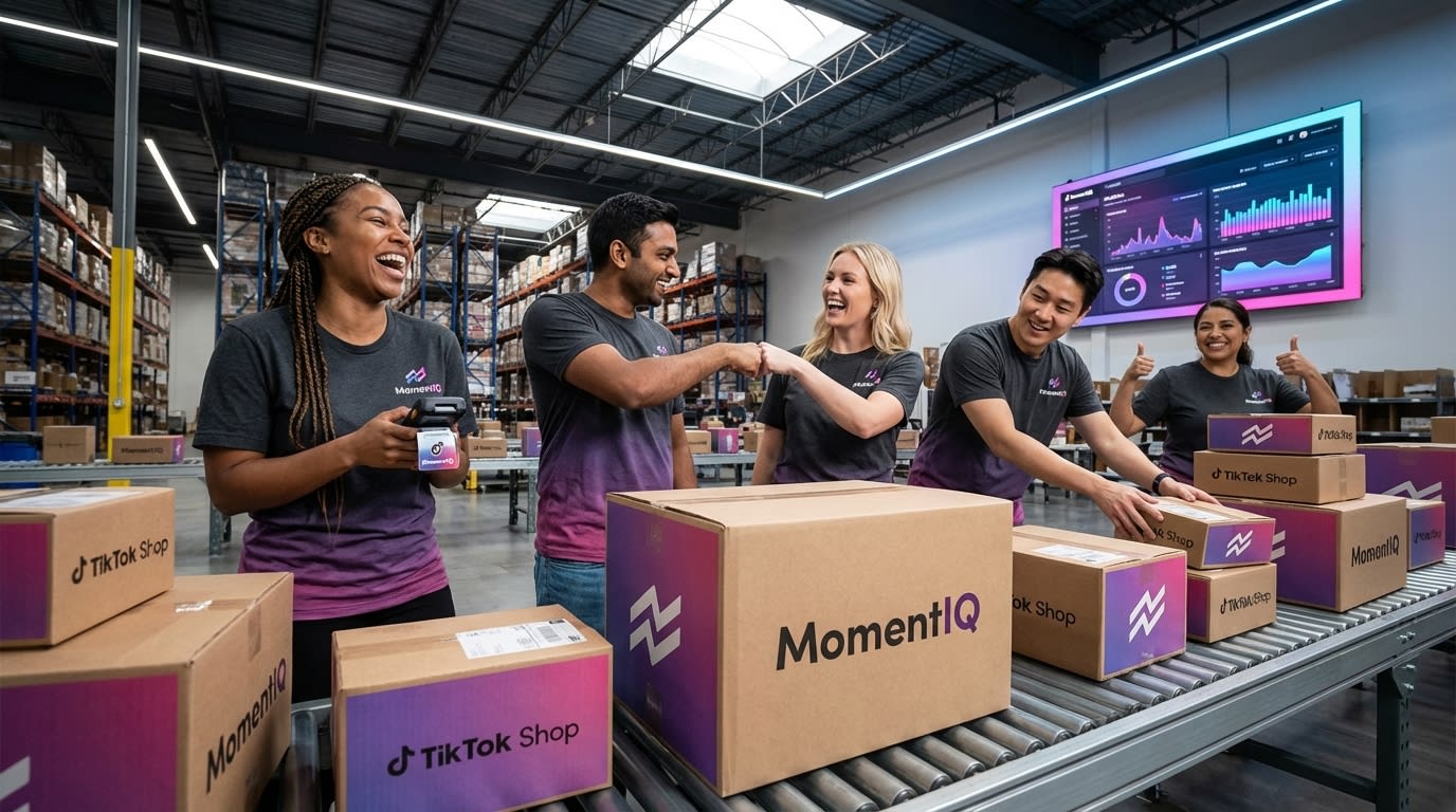 Diverse fulfillment team high-fiving as a conveyor belt moves a steady stream of branded TikTok Shop packages.