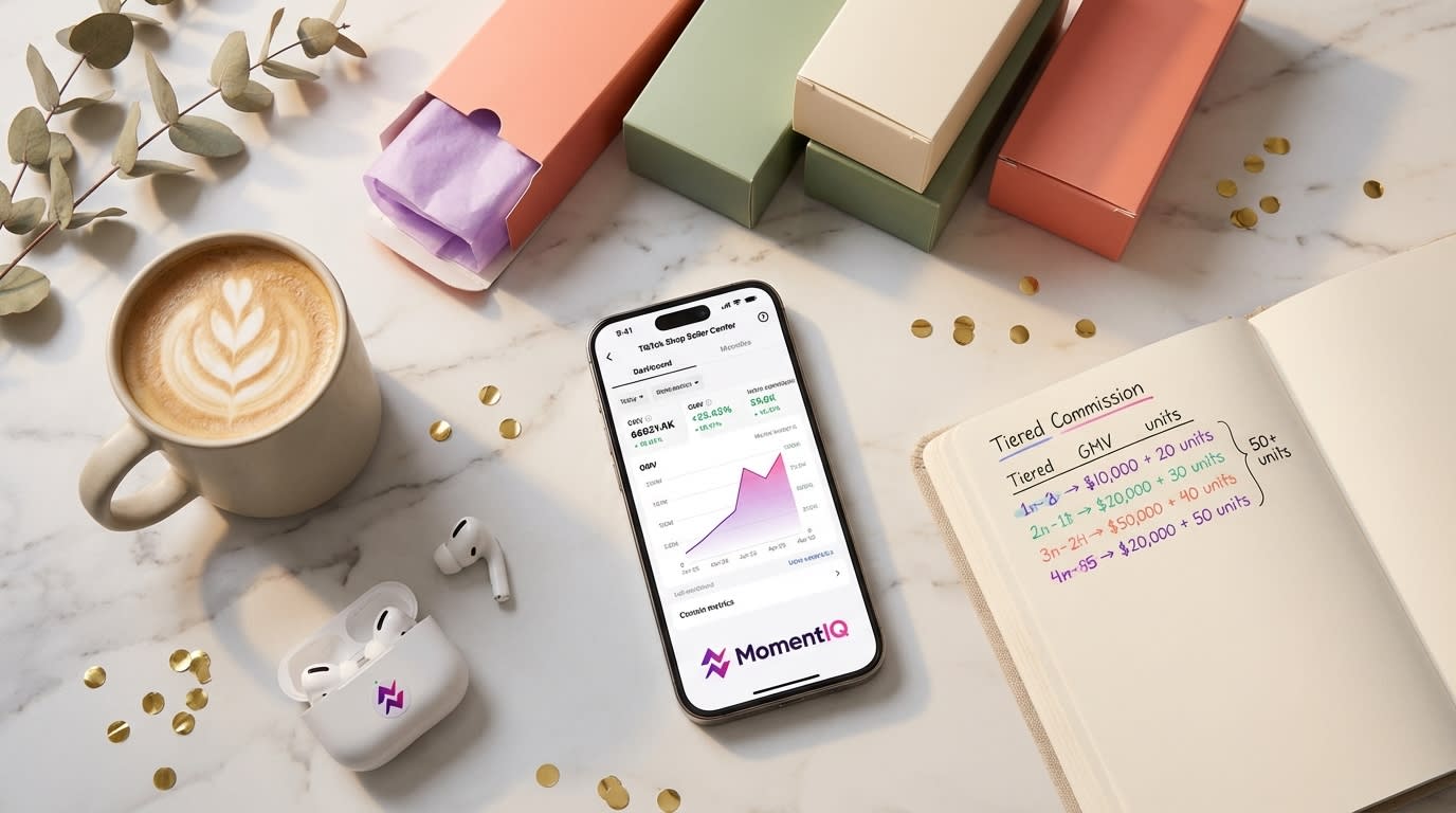 Flat lay of TikTok Shop dashboard on phone with tiered commission notes and branded product packaging