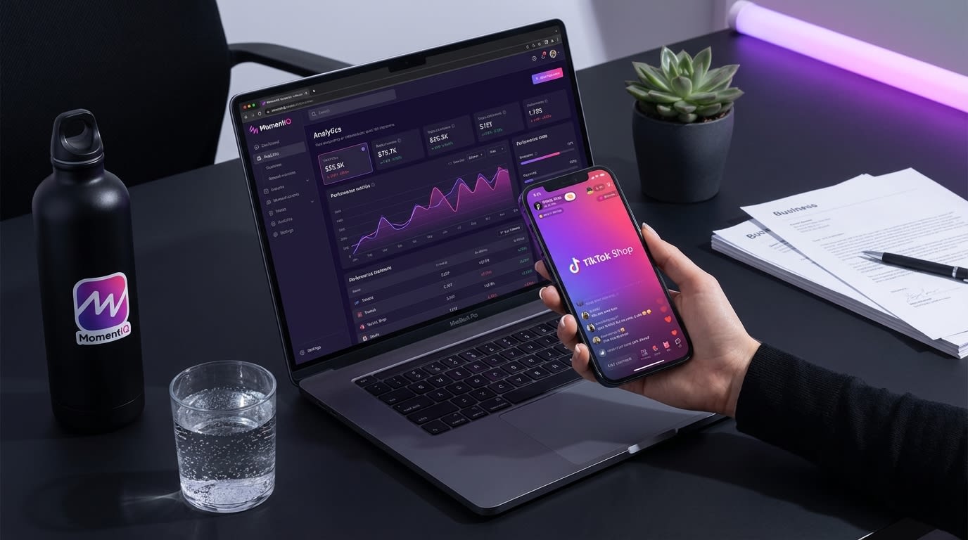 Overhead flat lay of a creator's desk with TikTok Shop earnings dashboard, viral video, and branded merchandise.