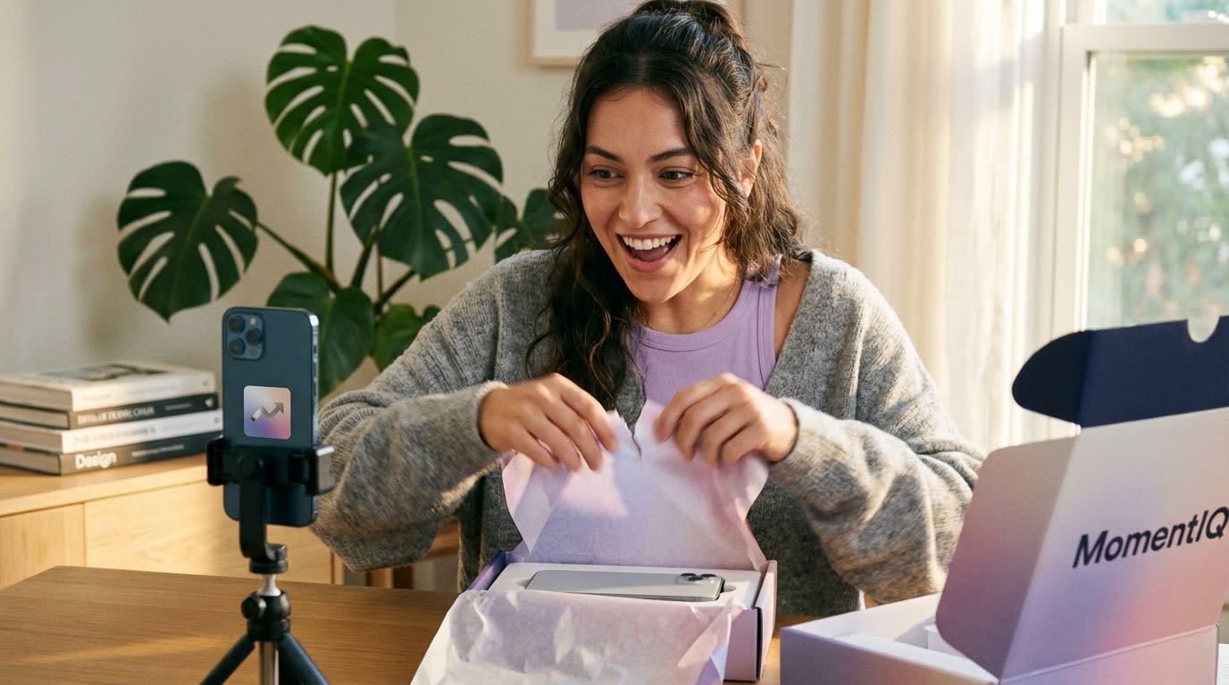 Excited creator unboxing a new product seeding package, recording for a TikTok Shop review.