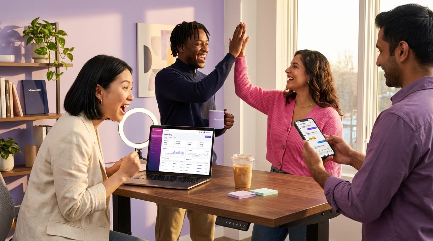 TikTok Shop brand team celebrating affiliate program growth and reviewing profitable tiered commission analytics together