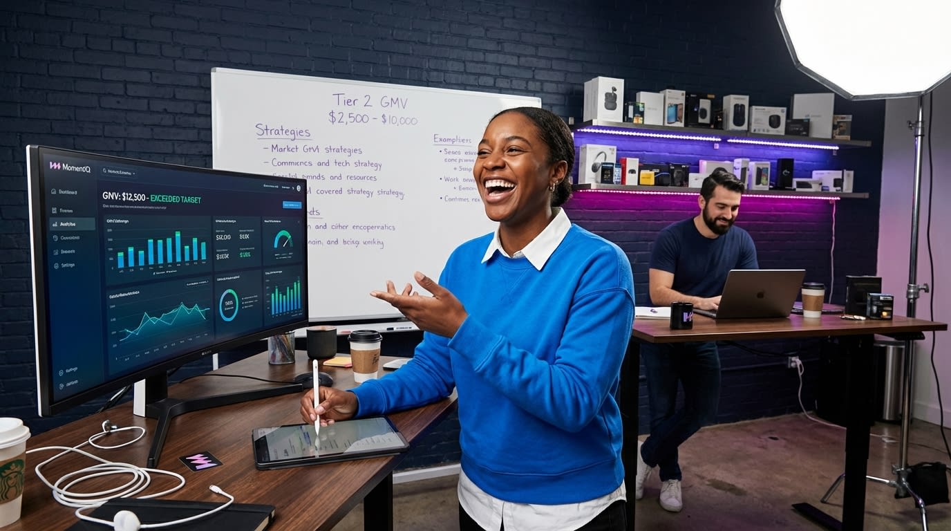 Flat lay of a creator's desk with phone recording, ring light, branded mug, and TikTok Shop analytics on laptop.