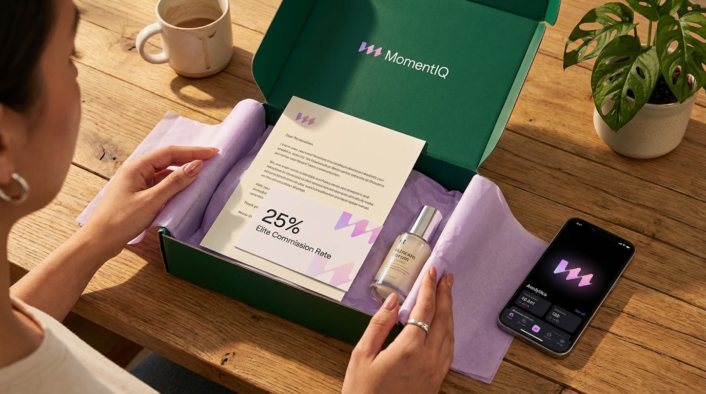 Overhead flat lay of an exclusive 'Elite Creator Welcome Kit' with product, letter, and TikTok Shop profile.