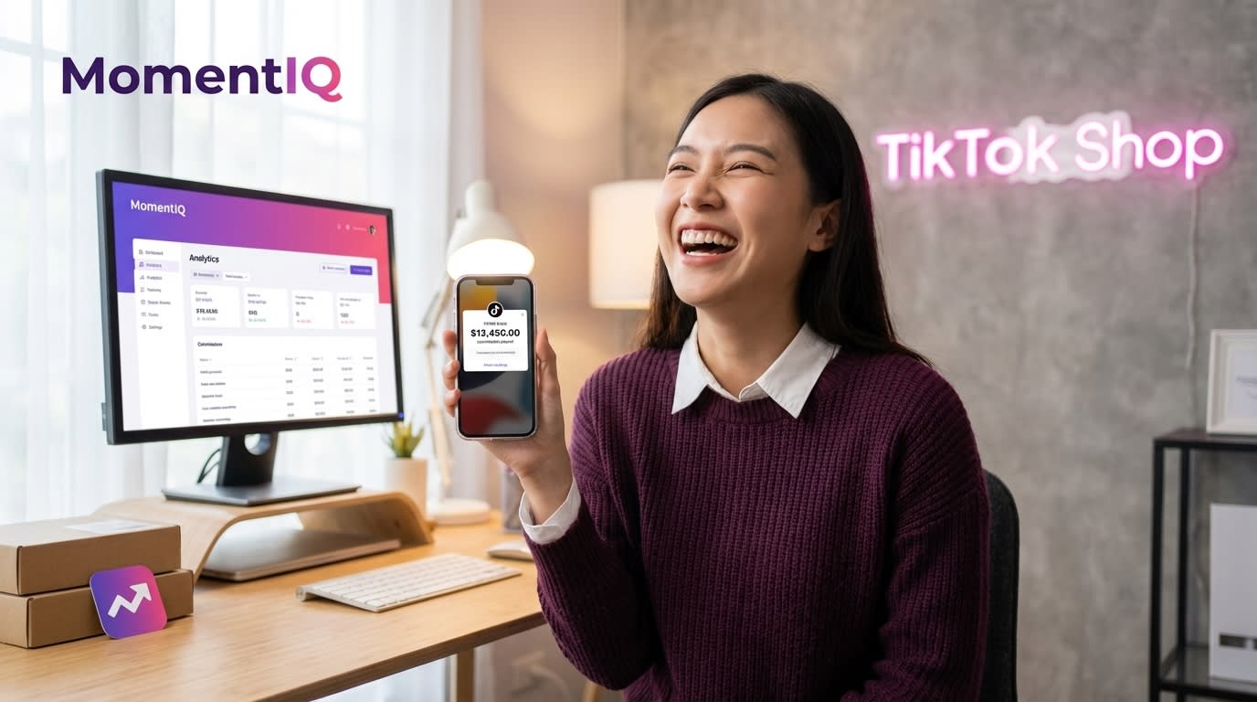 Stylish entrepreneur joyfully celebrating a massive TikTok Shop commission payout notification on her phone.