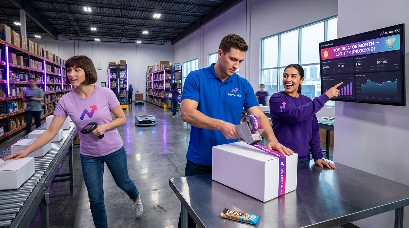 Thriving TikTok Shop brand warehouse team fulfilling orders with sales dashboard showing elite tier GMV milestone