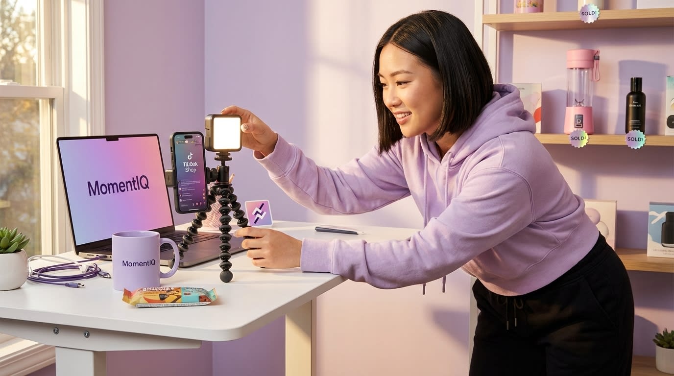 Vibrant creator studio setup with phone on tripod, LED light, and bestselling TikTok Shop products on display.