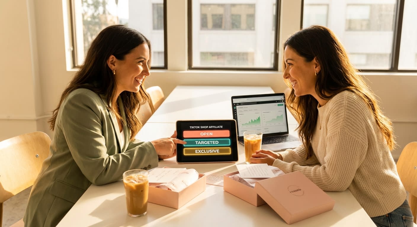 Brand manager and TikTok Shop creator reviewing tiered affiliate commission plans together with product seeding packages on table