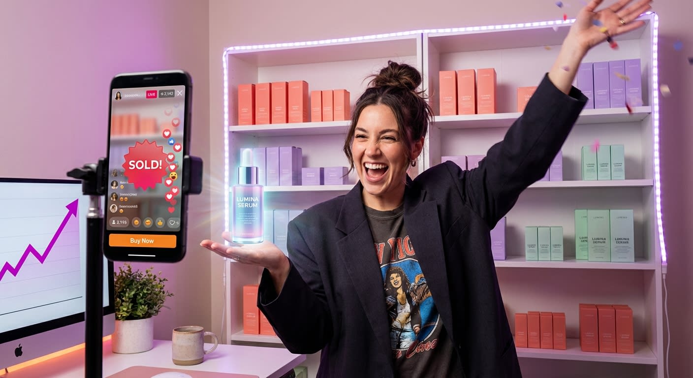 Energetic creator hosting a TikTok Shop live shopping stream with heart emojis and sold notifications on screen