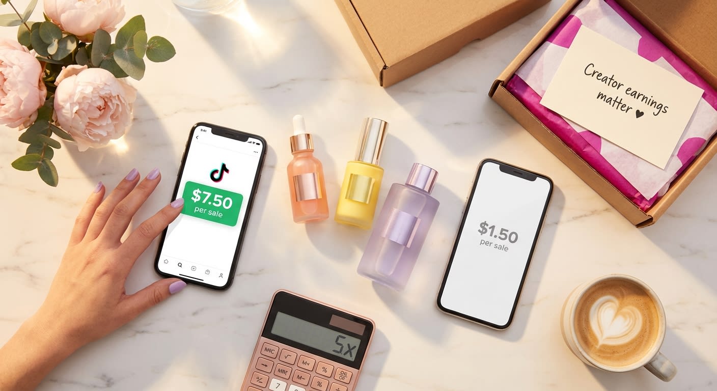 Flat lay comparison of TikTok Shop affiliate commission earnings versus Amazon Influencer Program rates with colorful product samples