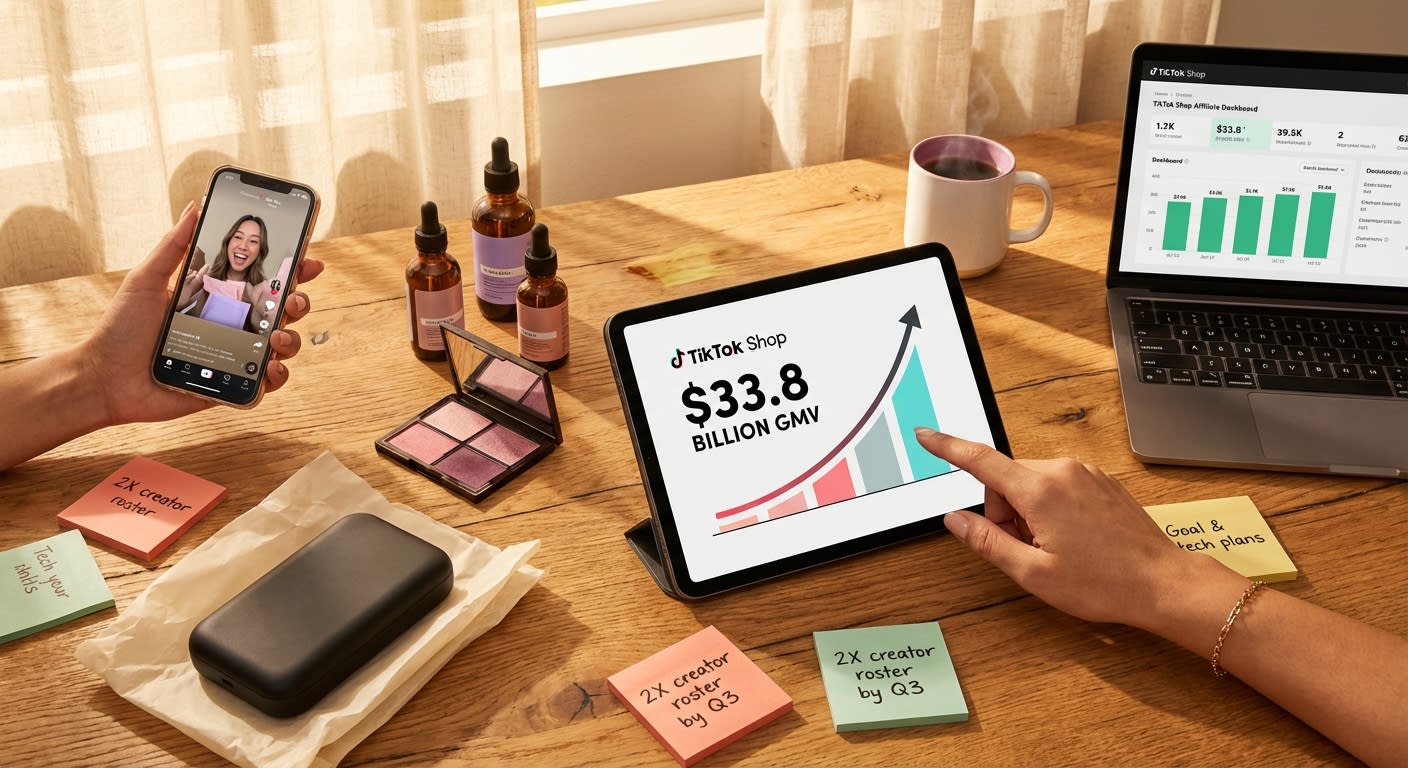 TikTok Shop affiliate program growth dashboard showing rising GMV alongside vibrant product samples and strategy materials on a brand team table