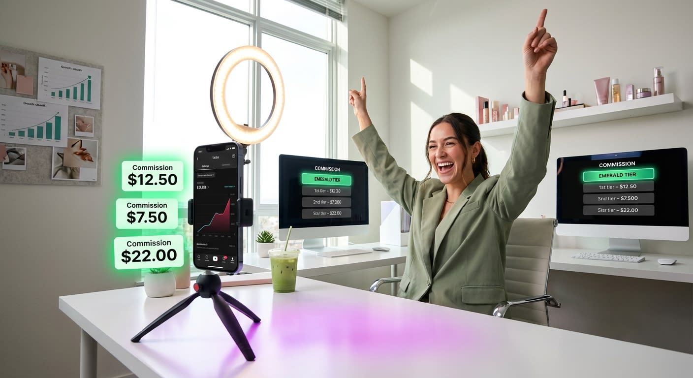 TikTok Shop creator smiling at real-time affiliate commission earnings on her dashboard in a professional ring-light studio setup