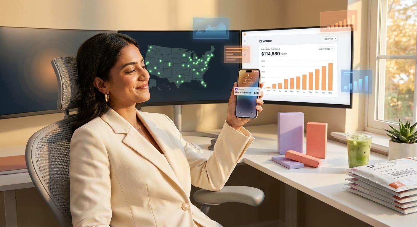 Brand manager celebrating TikTok Shop affiliate program growth with revenue dashboards showing upward sales trends