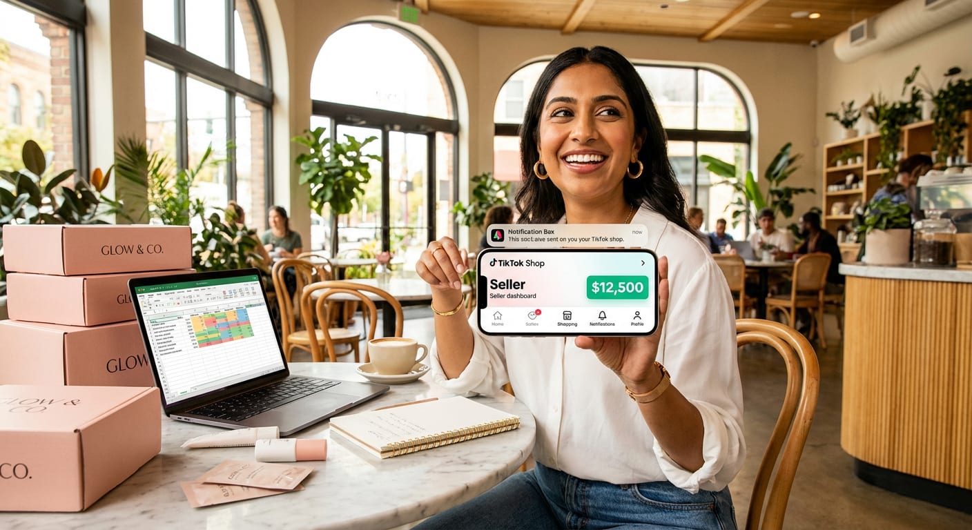 Confident TikTok Shop seller reviewing impressive monthly creator revenue on phone dashboard in bright workspace