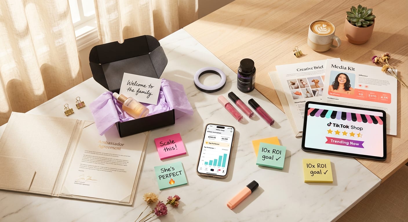 Flat lay of three TikTok Shop partnership strategy plans with branded products and affiliate dashboard on phone