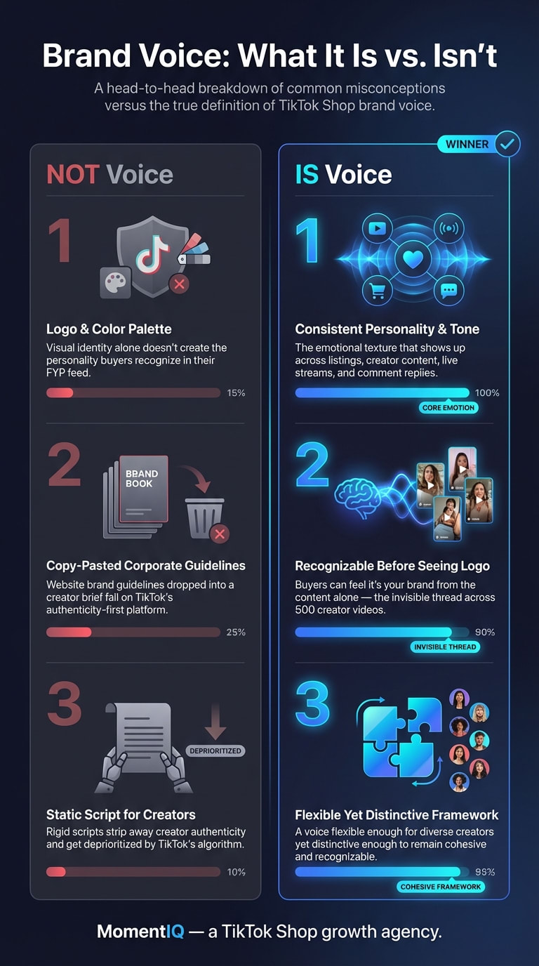 Comparison infographic contrasting common misconceptions about TikTok Shop brand voice versus its true definition including personality consistency and creator flexibility