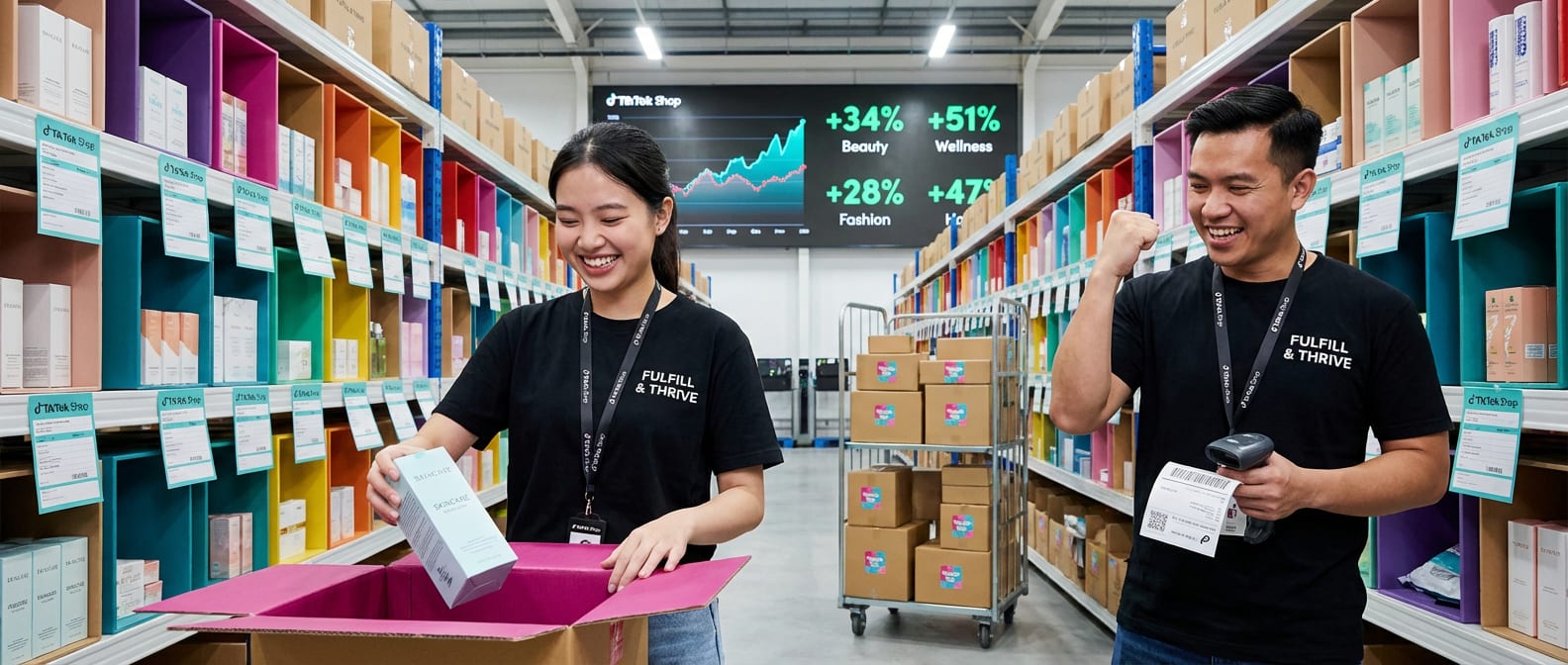 Organized TikTok Shop fulfillment warehouse with multi-niche inventory and team packing branded orders for shipping