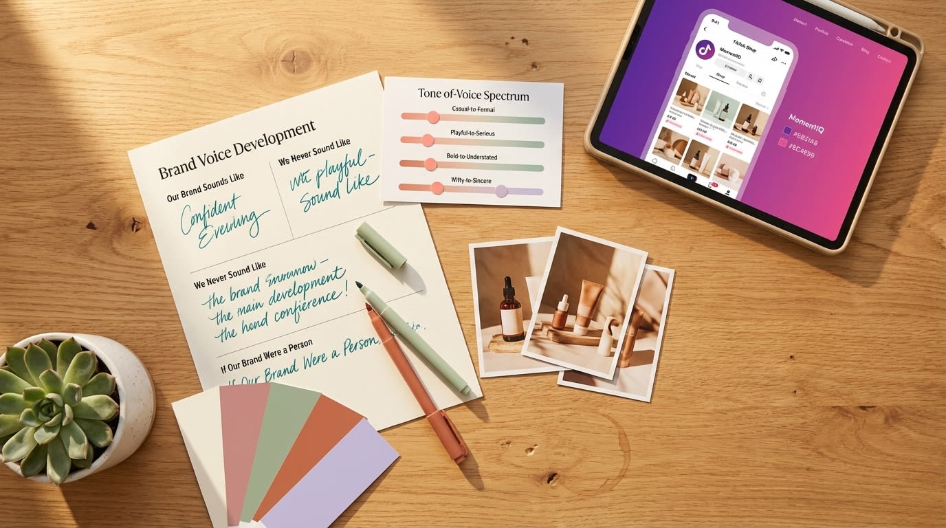 Brand voice worksheet and tone-of-voice spectrum tool flat lay with TikTok Shop storefront and creative materials