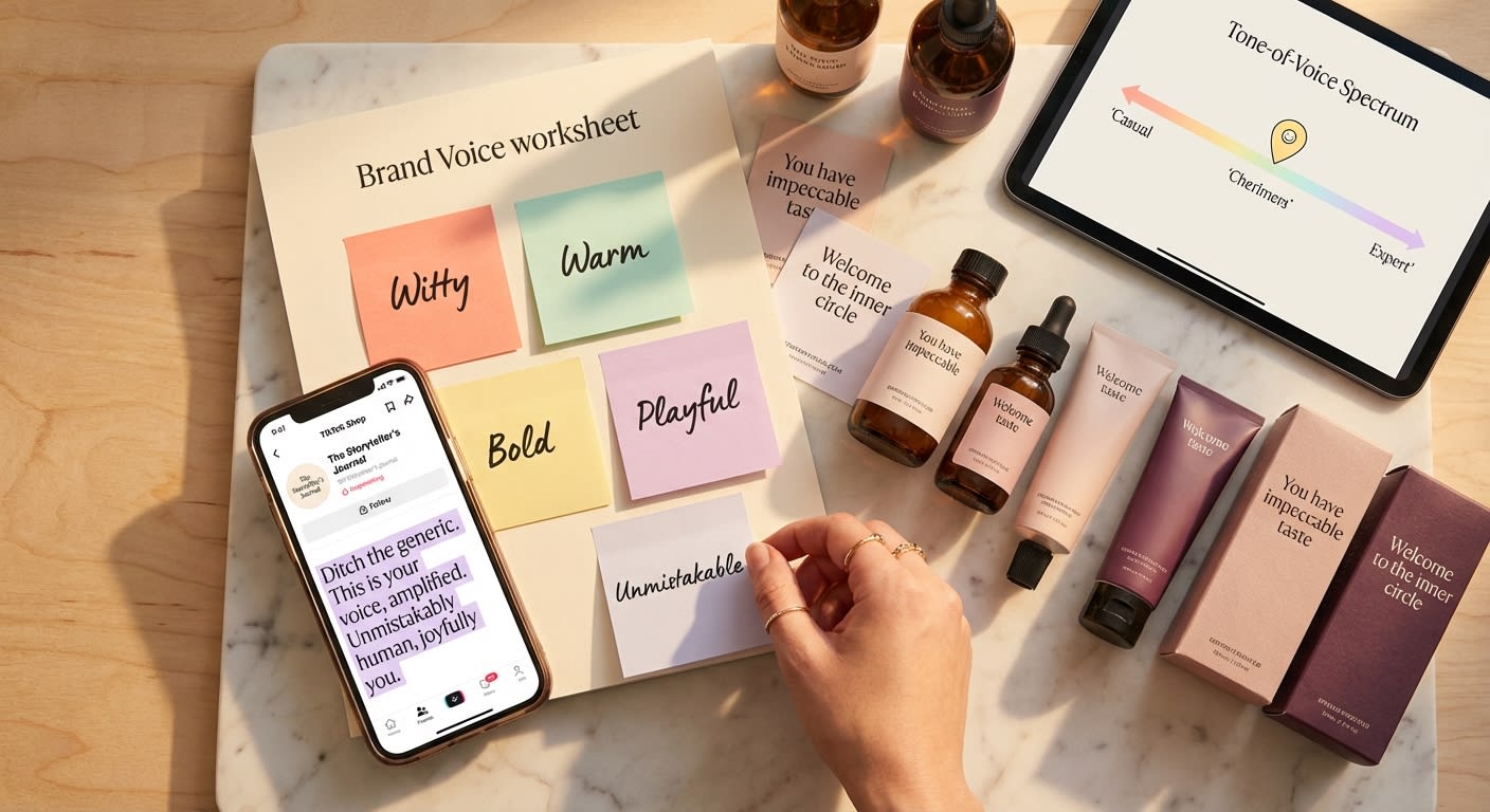 Flat lay of TikTok Shop brand voice development tools including product listings phone mockup branded packaging and voice worksheet