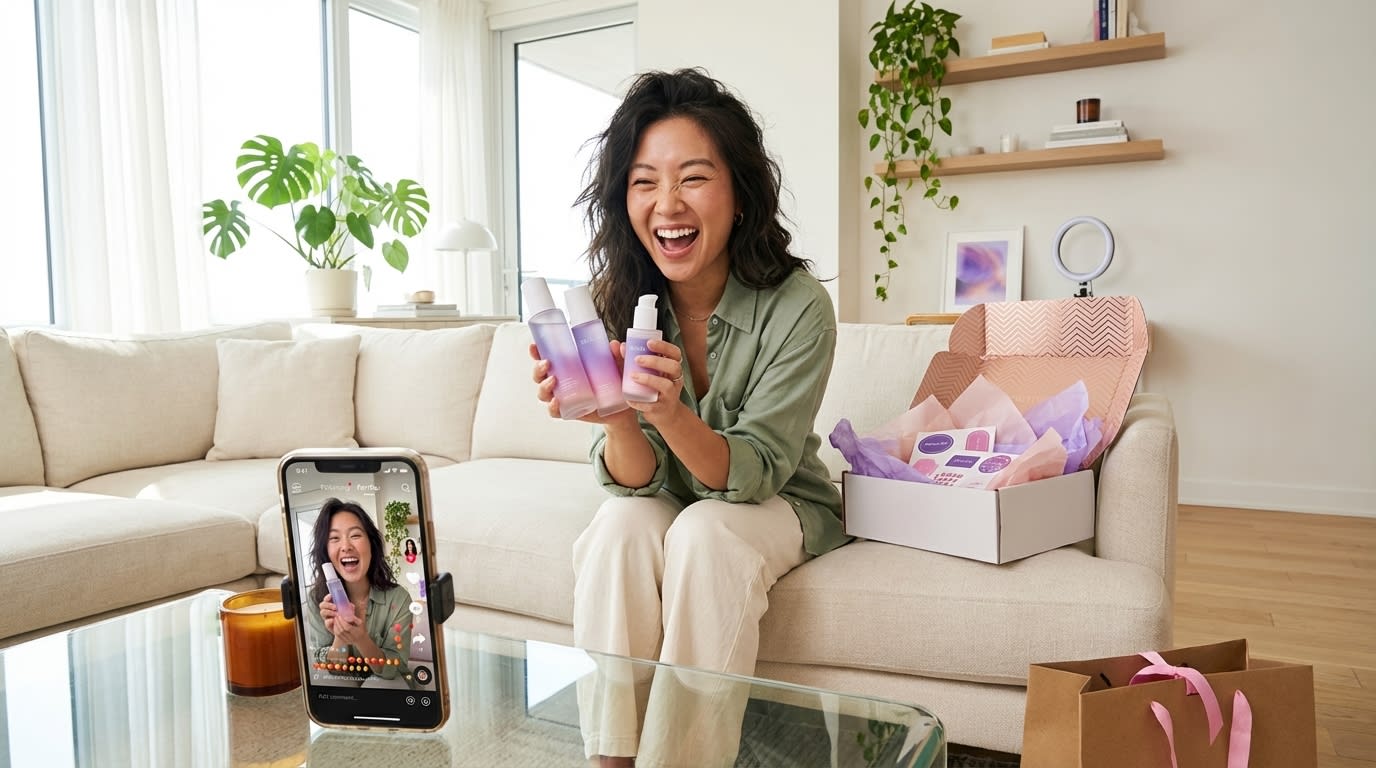 Happy Gen Z consumer unboxing TikTok Shop order recognized from favorite creator review with positive comments visible