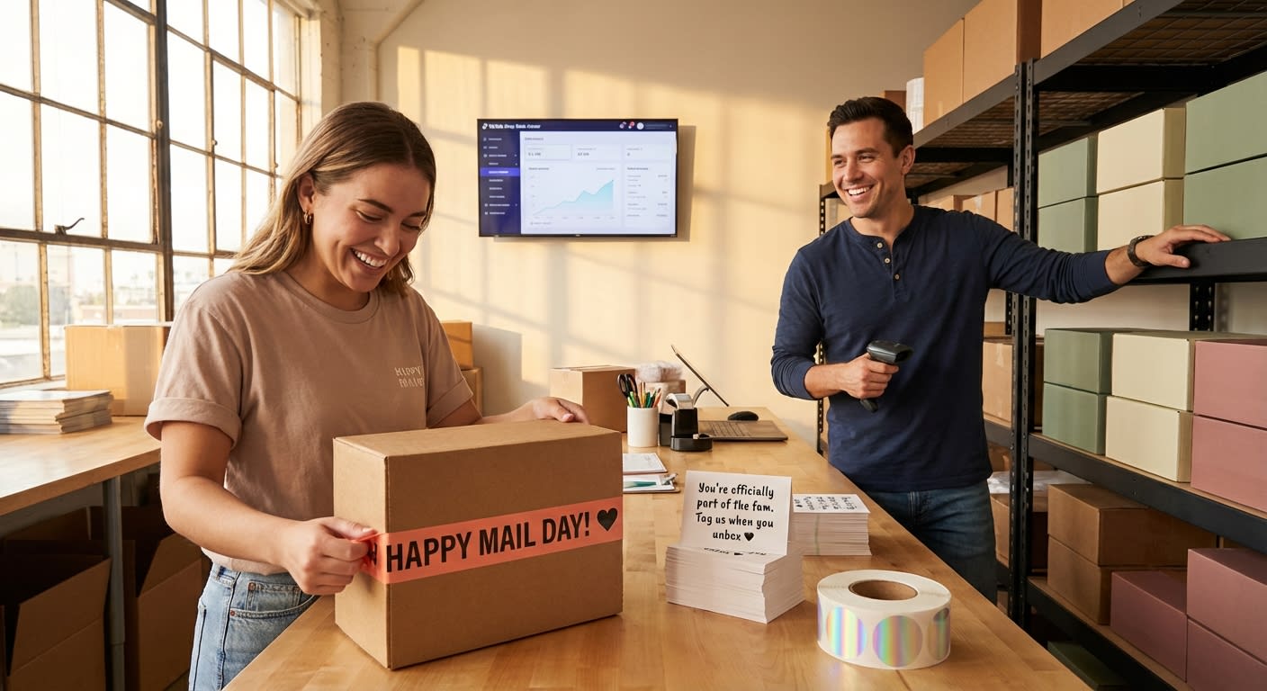 Organized TikTok Shop fulfillment team packing branded orders with sales dashboard showing order surge in background