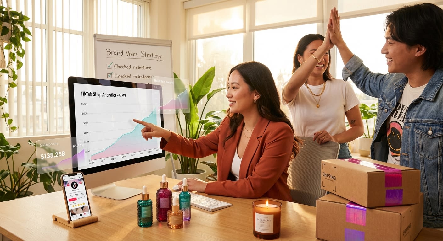 TikTok Shop brand team celebrating rising GMV analytics on dashboard with branded products and growth strategy whiteboard