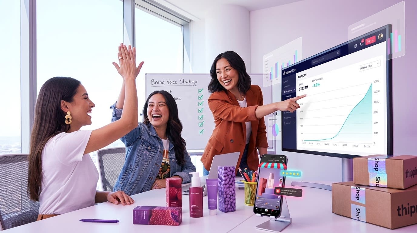 TikTok Shop brand team celebrating rising GMV and watch-time analytics on dashboard screen in modern office