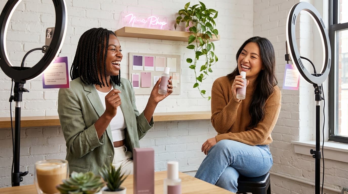 Two creators collaborating on TikTok Shop product review with brand voice prompt cards at dual ring-lit stations