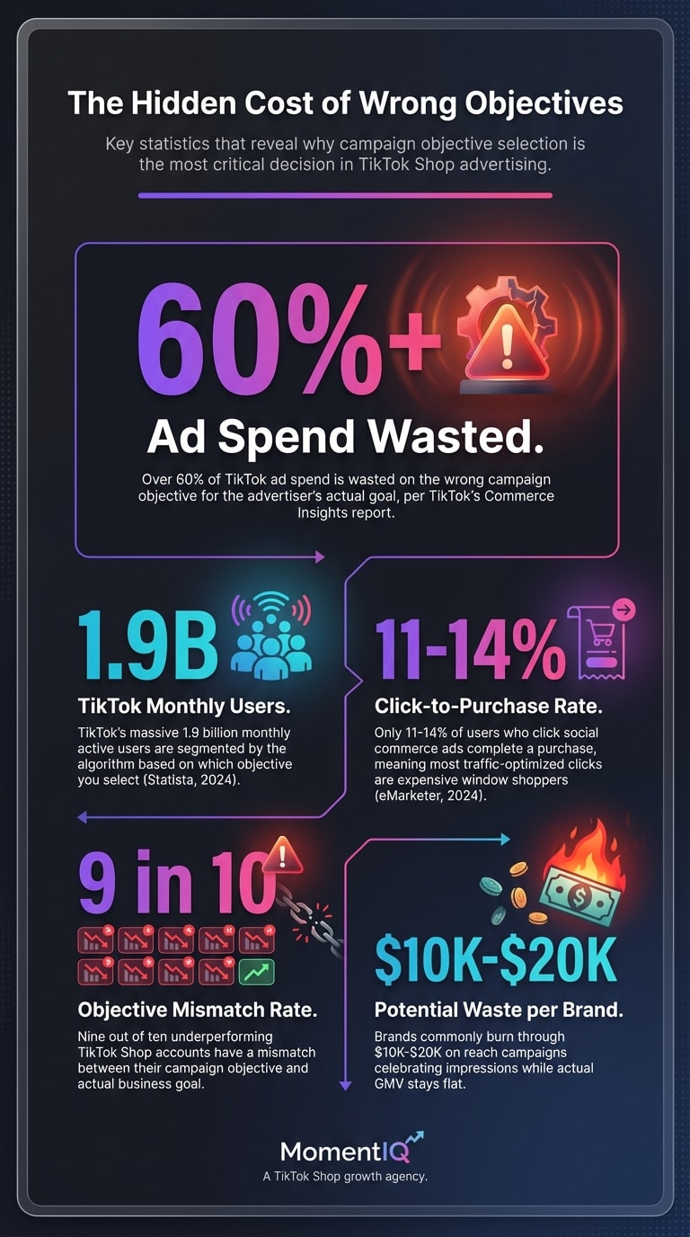 Infographic showing key TikTok Shop campaign objective statistics including 60 percent ad spend waste rate, 1.9 billion monthly users, and 11 to 14 percent click-to-purchase conversion rate