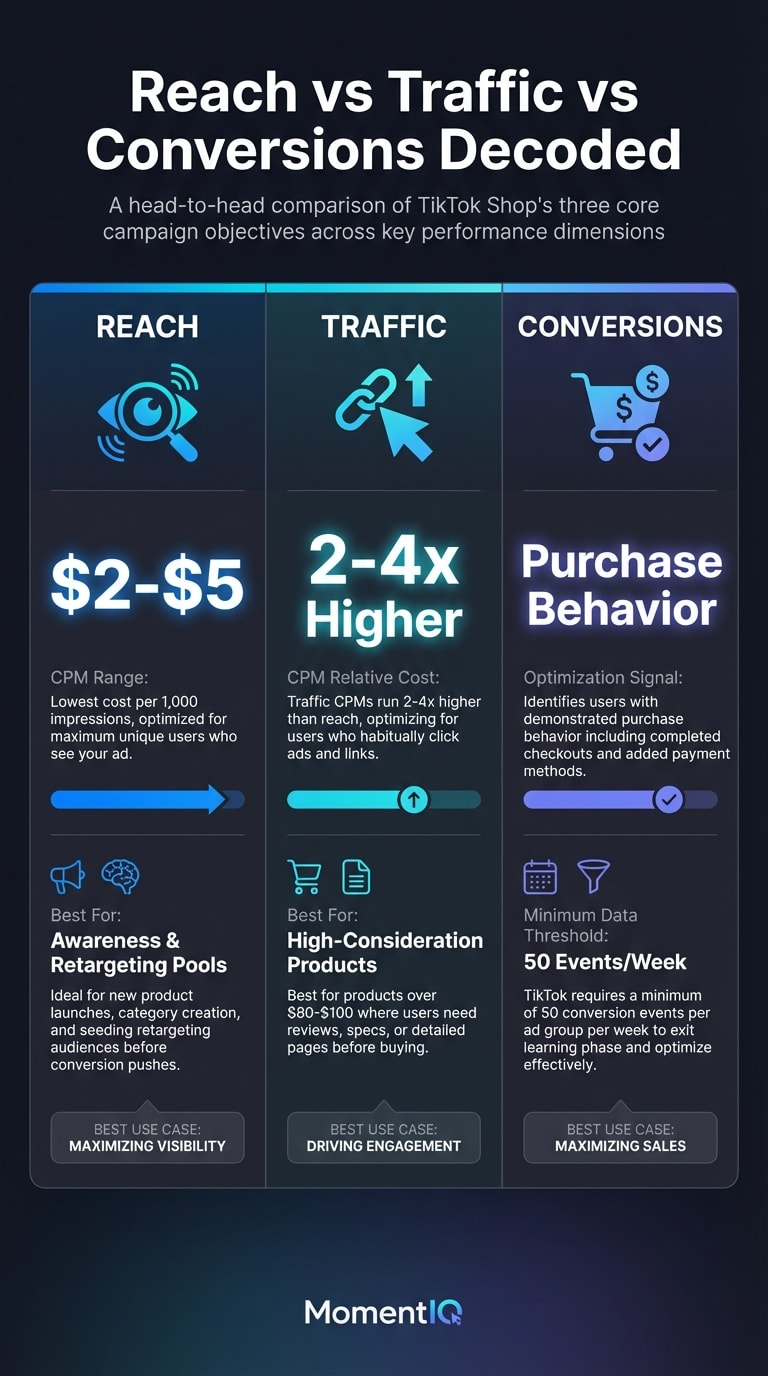 Side-by-side comparison infographic of TikTok Shop Reach, Traffic, and Conversion campaign objectives showing CPM ranges, optimization signals, best use cases, and data thresholds
