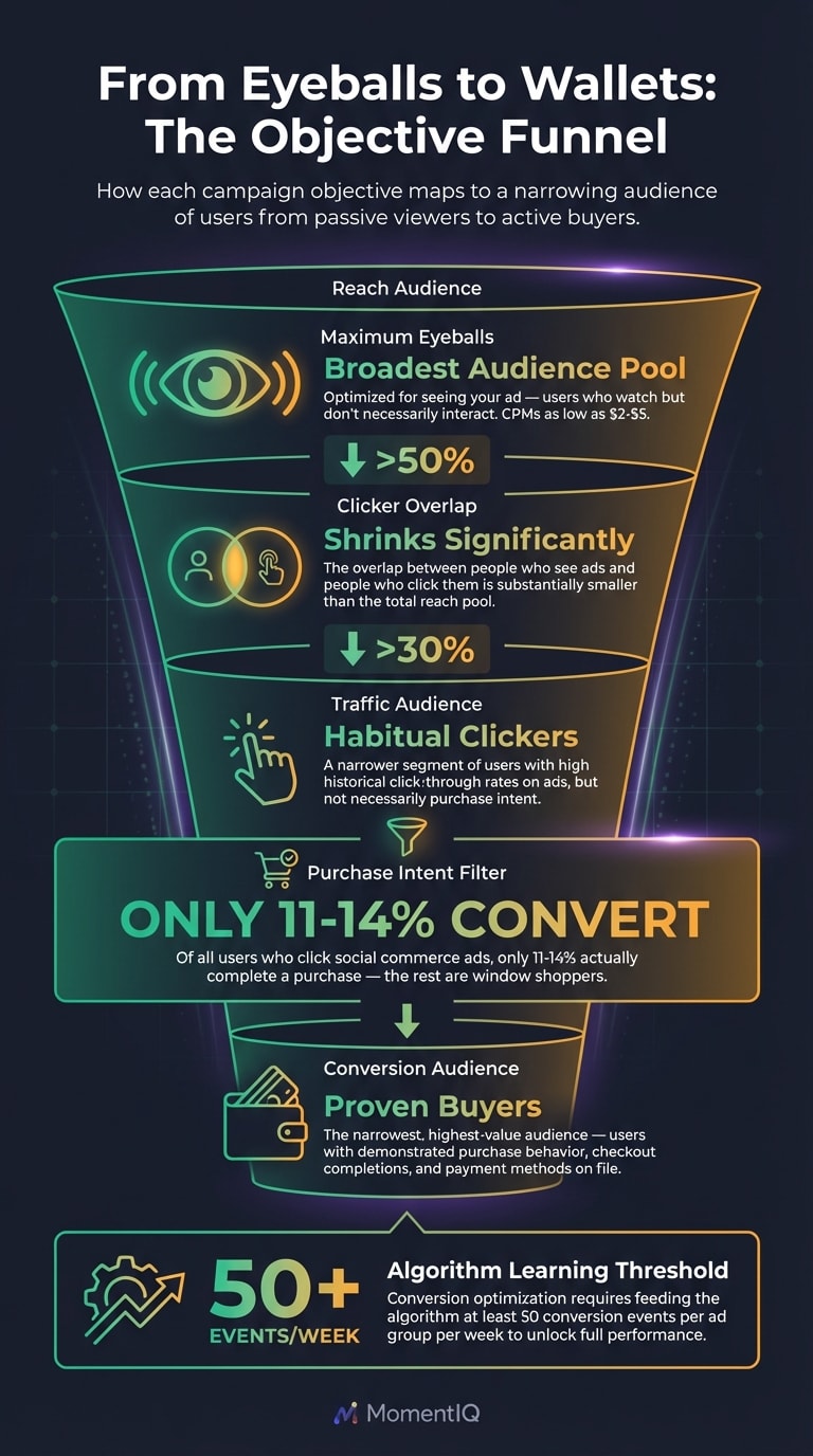 Funnel infographic showing TikTok Shop campaign objective audience narrowing from broad reach impressions through traffic clicks to conversion purchases with 11 to 14 percent click-to-purchase rate
