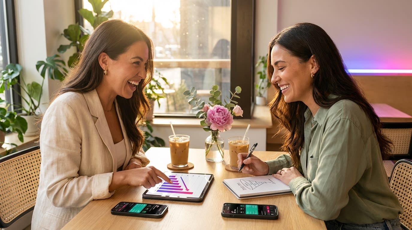 Brand founder and marketing director reviewing TikTok Shop objective stacking strategy results at bright modern workspace