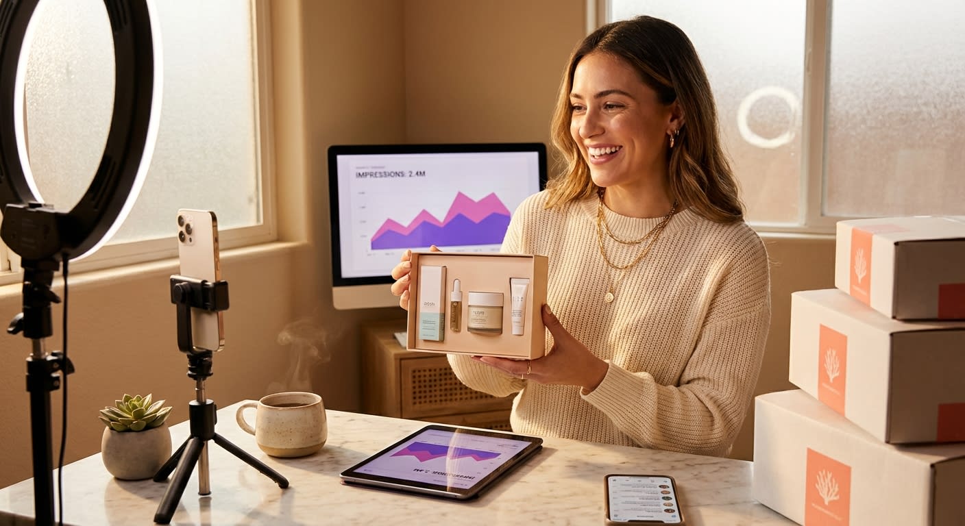 Creator confidently filming a TikTok Shop product launch video in a professional studio with reach campaign metrics displayed